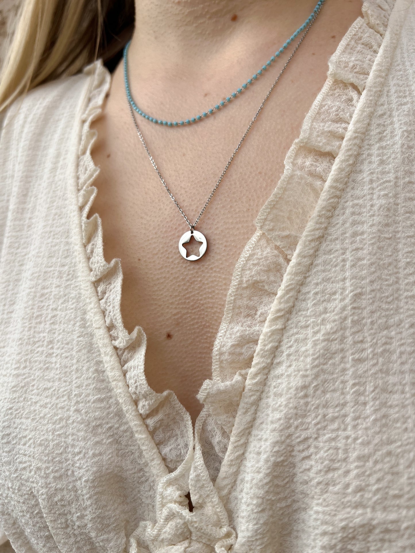 Collier double chaîne étoile et perles