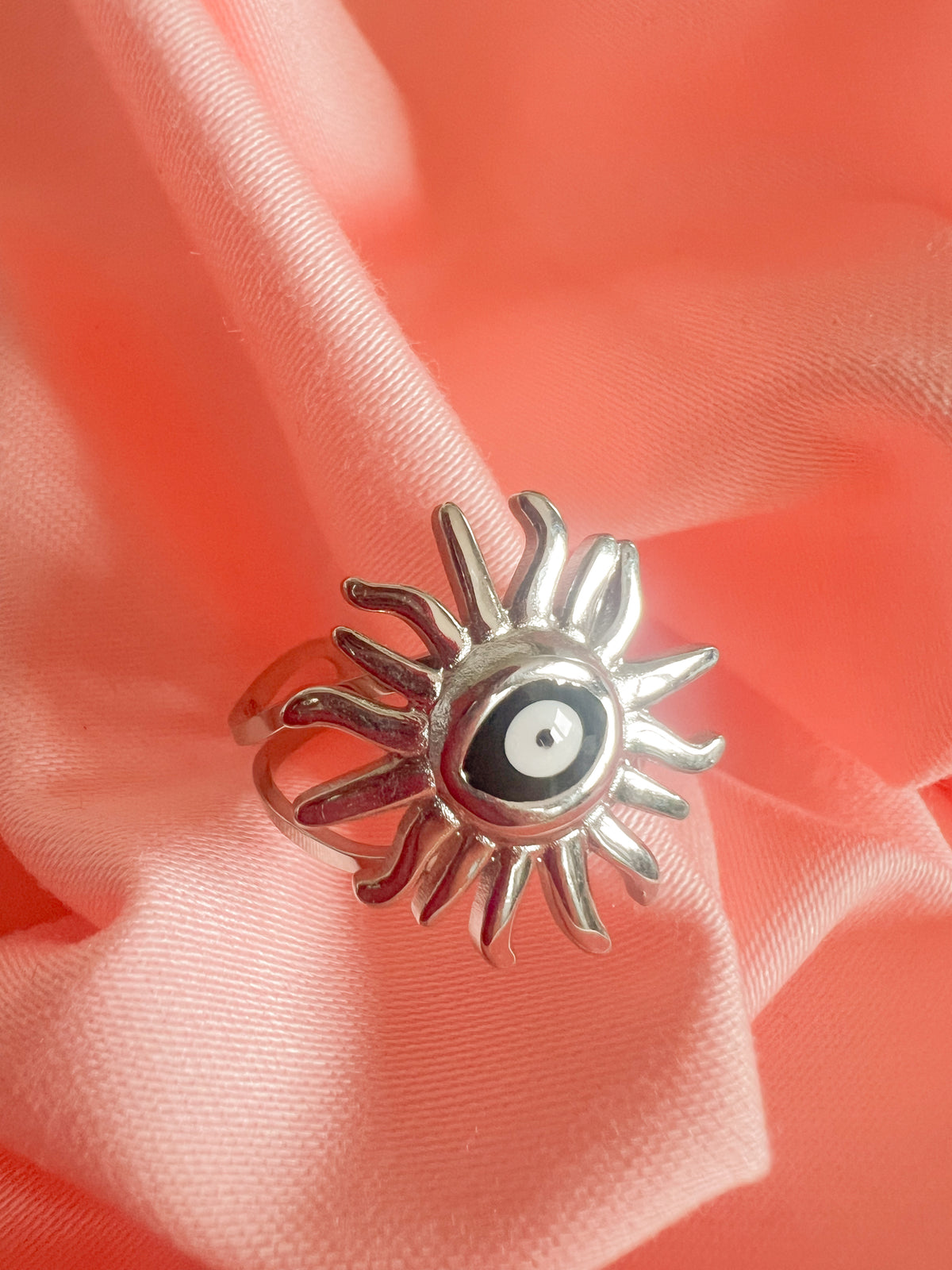 Azélie – Bague Soleil Evil Eye Argentée Acier Inoxydable