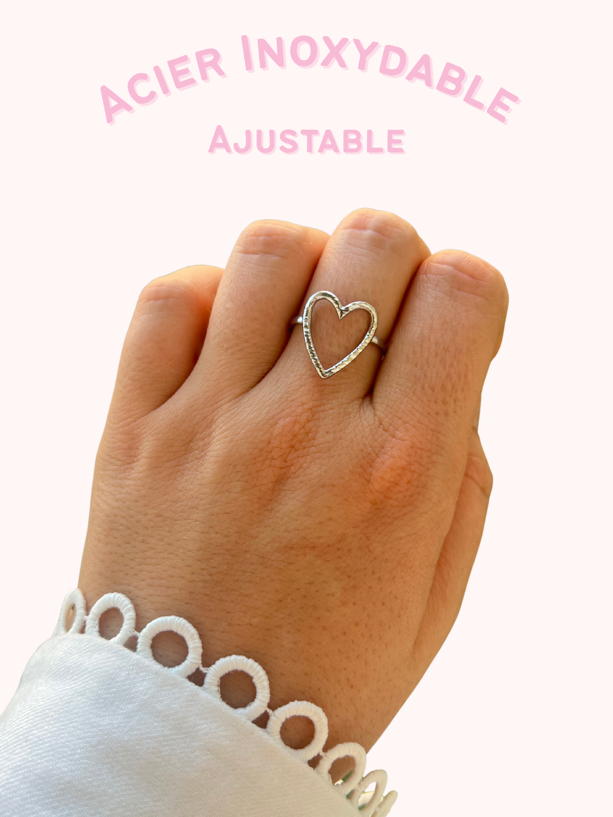 Amaya – Bague Grand Cœur Ajouré Argentée Acier Inoxydable
