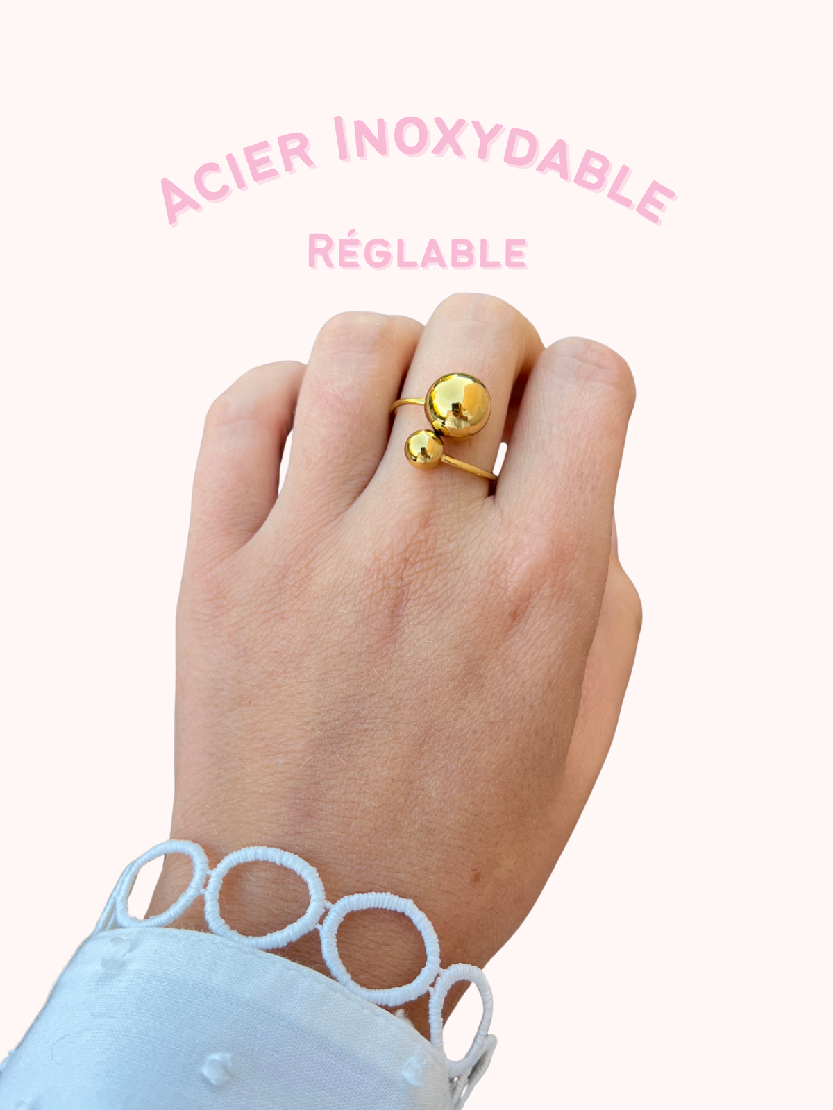 Aria – Bague Anneau Boules Dorées Acier Inoxydable