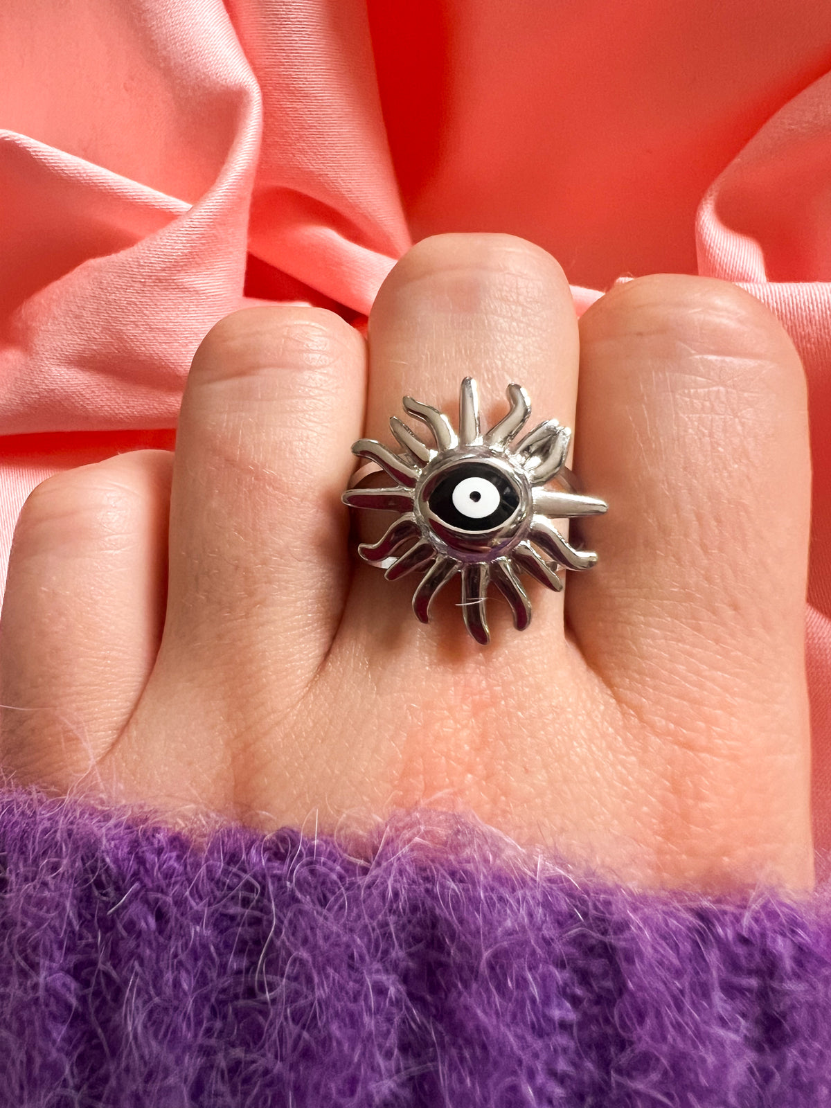 Azélie – Bague Soleil Evil Eye Argentée Acier Inoxydable