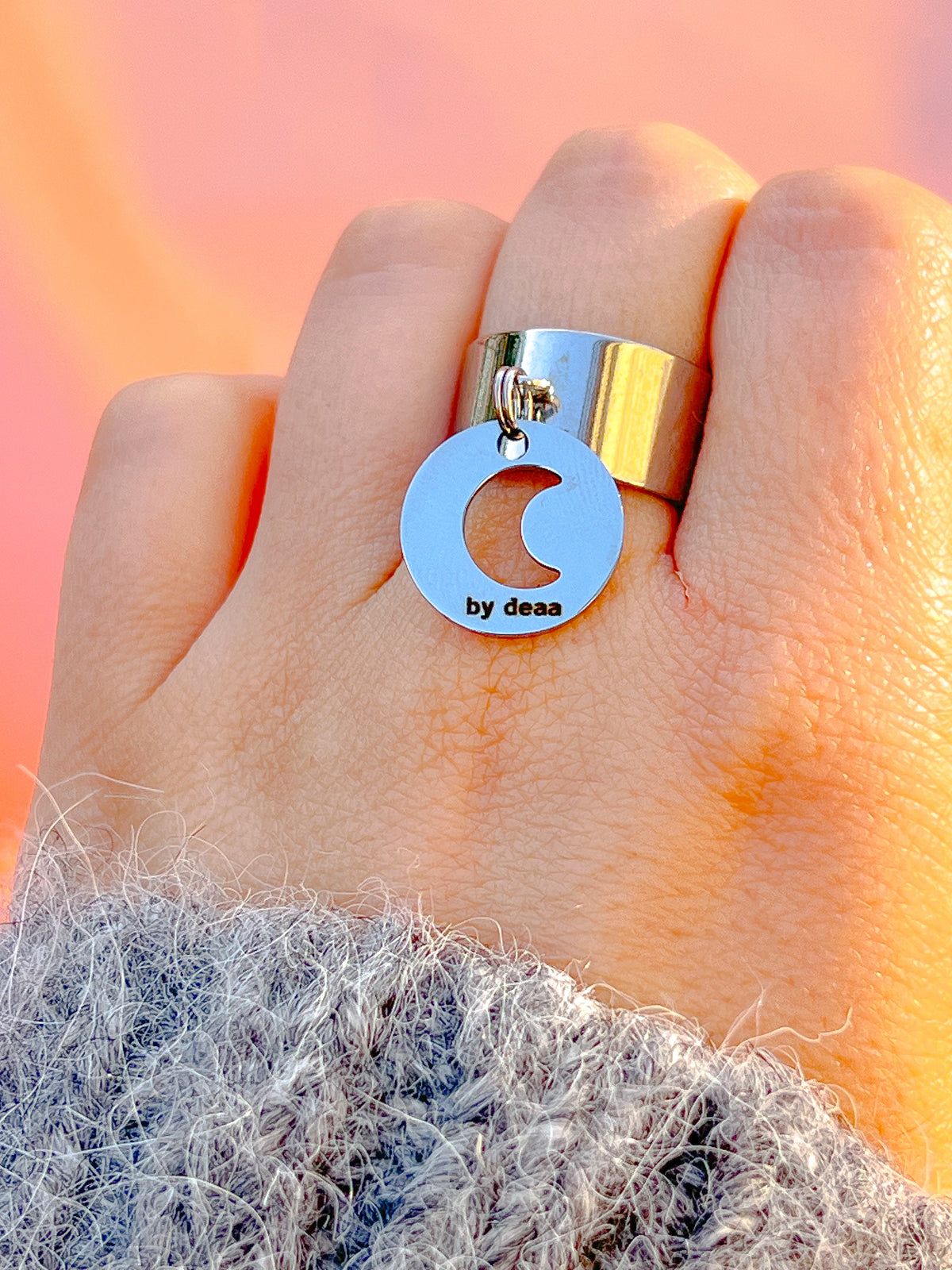 Lune – Bague Médaille Lune Argentée Acier Inoxydable