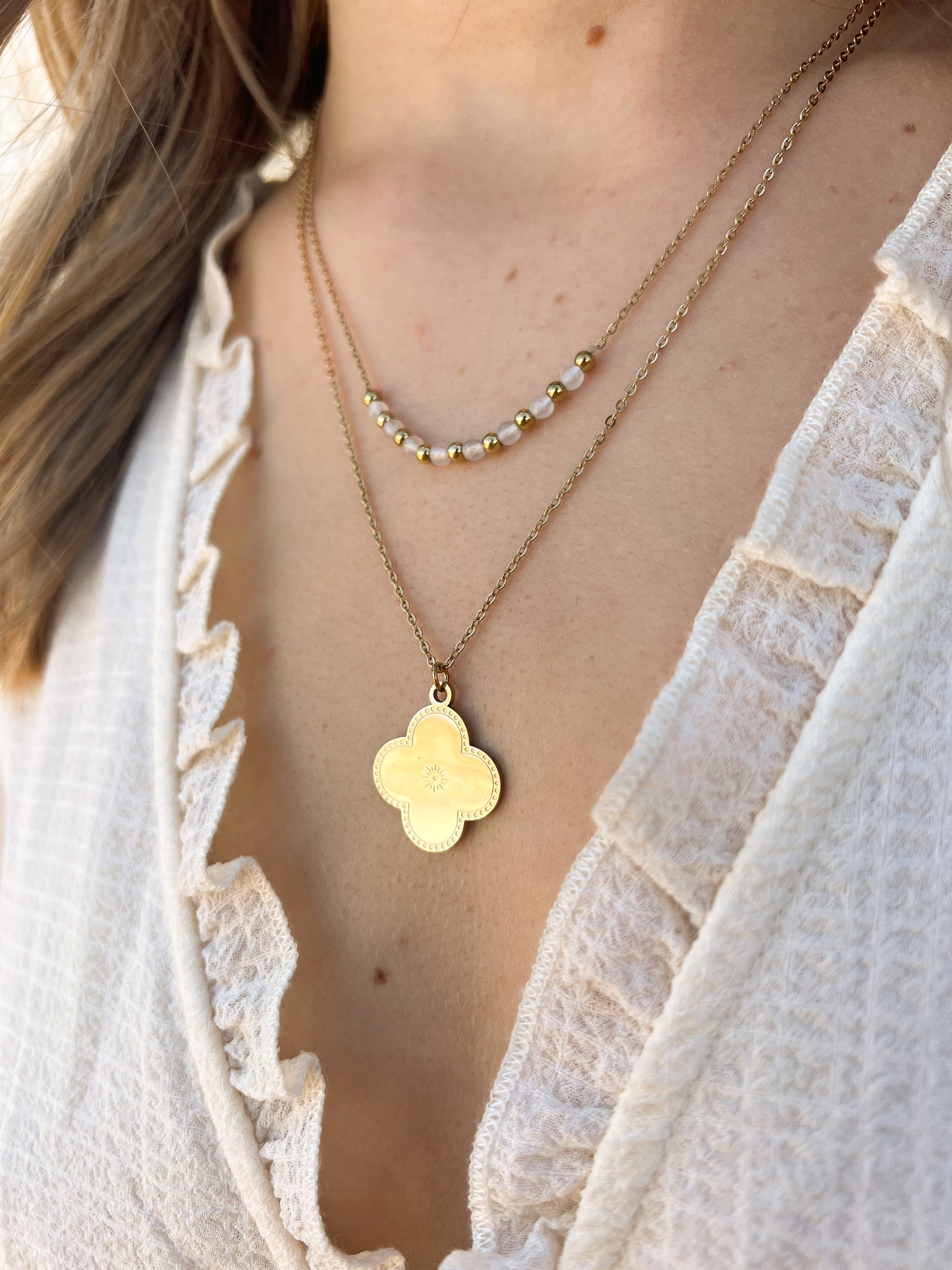 Collier trèfle double chaîne blanc