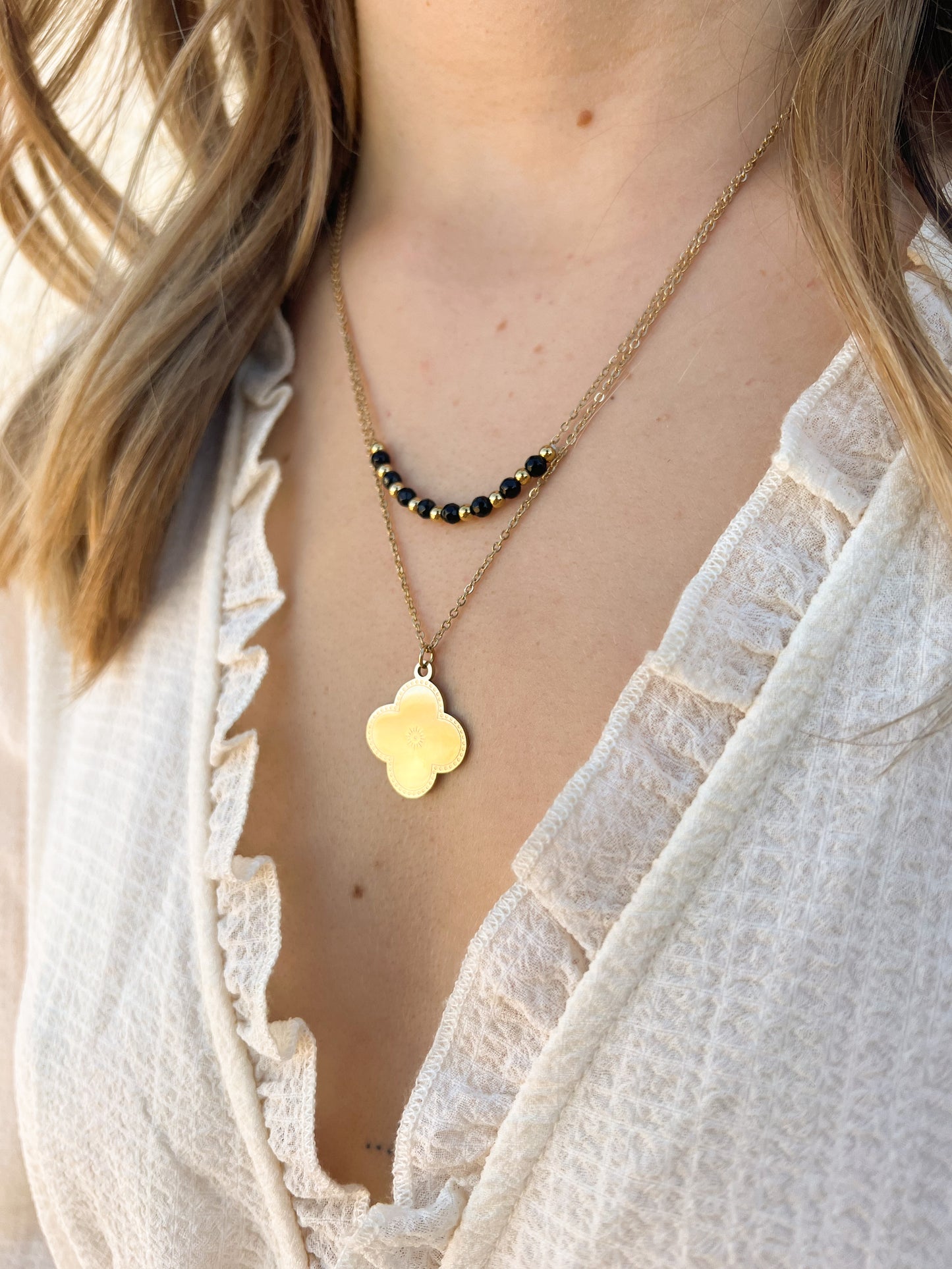 Collier trèfle double chaîne noir