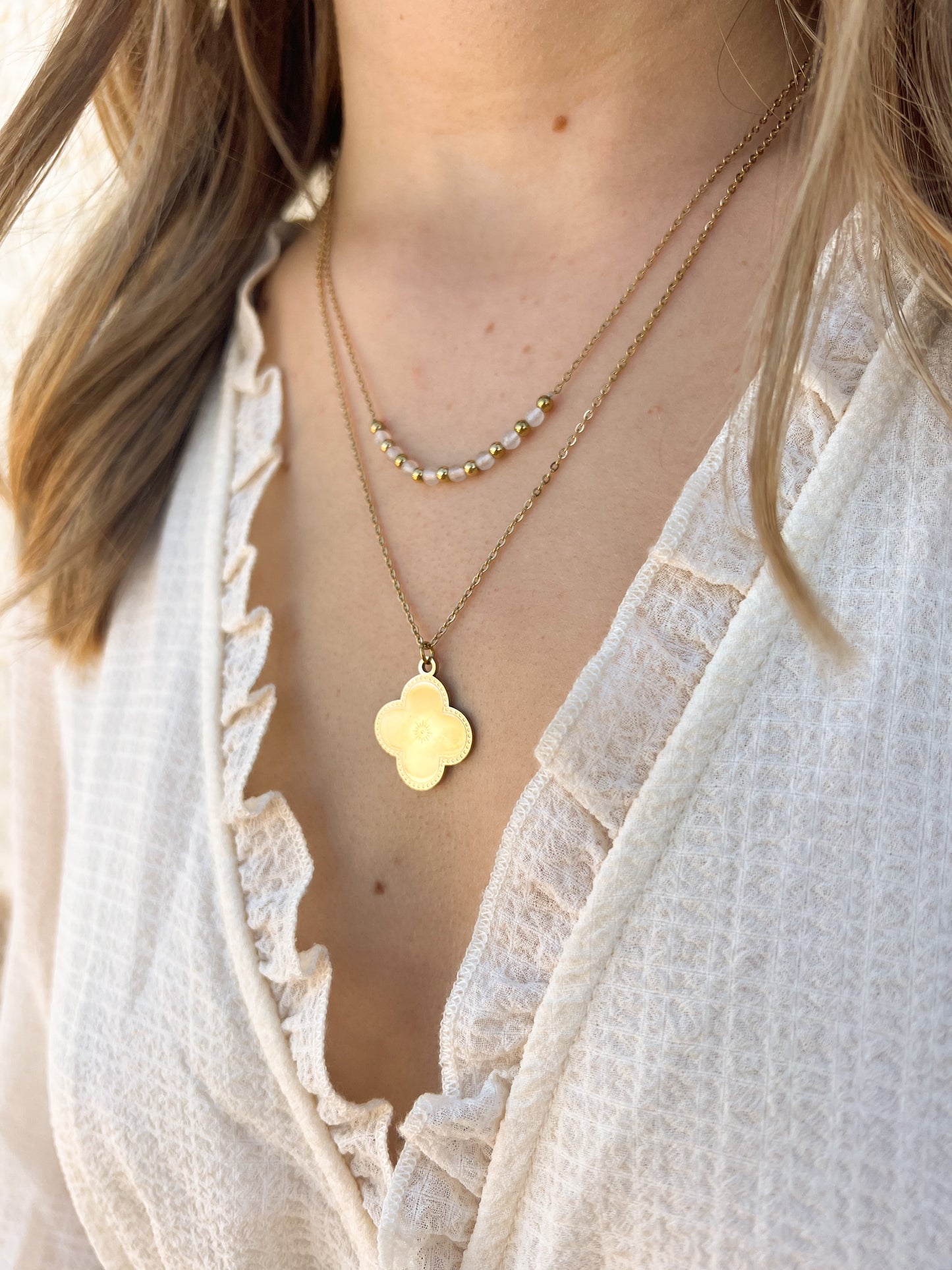 Collier trèfle double chaîne blanc