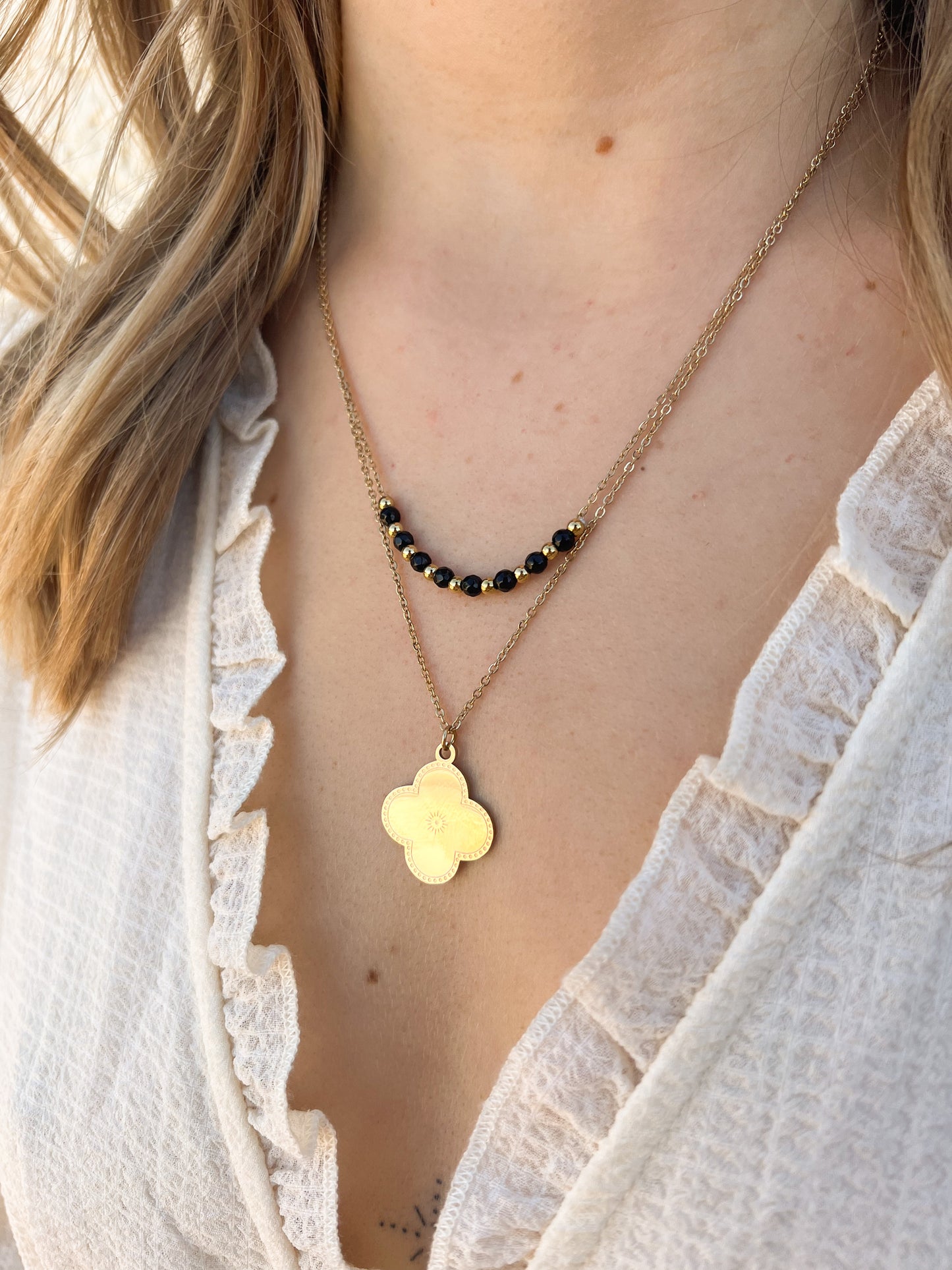 Collier trèfle double chaîne noir