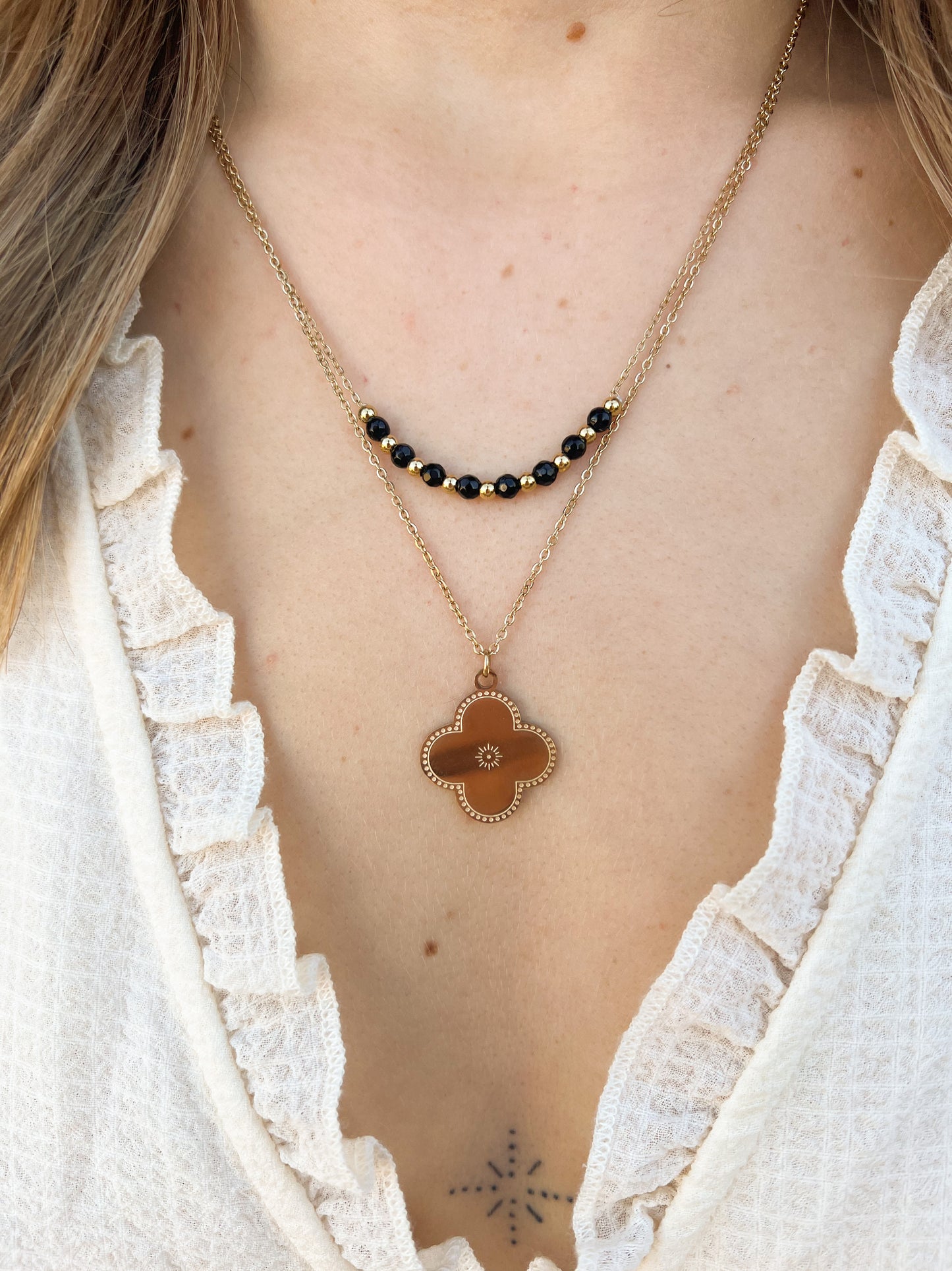 Collier trèfle double chaîne noir