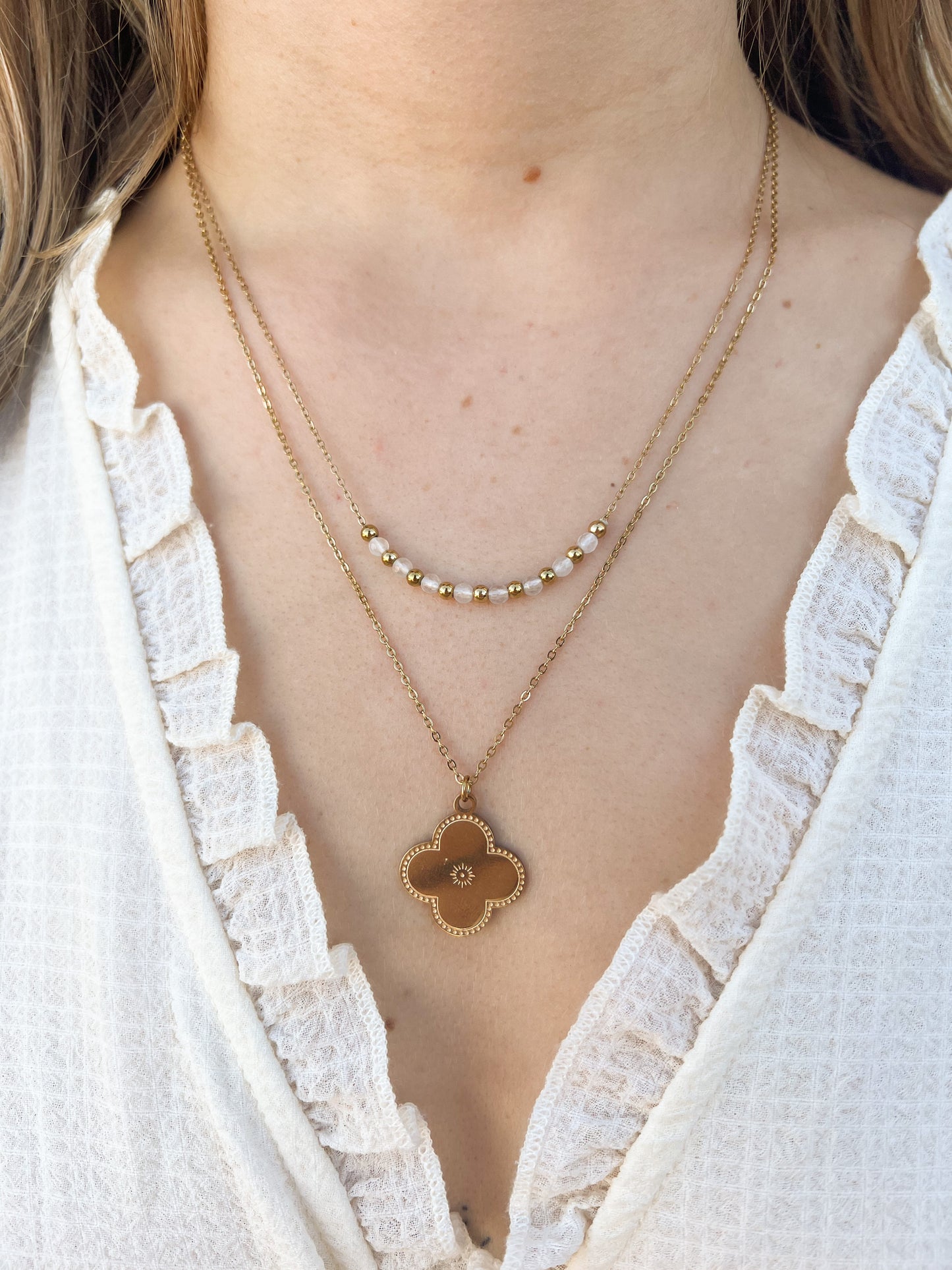 Collier trèfle double chaîne blanc